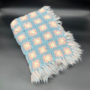 Vintage Crochet Afghan Blanket Throw Pink Blue Fringe Granny Square Handmade